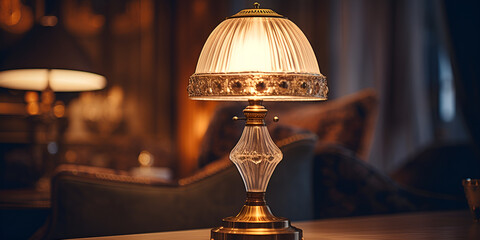 A table hosts a lamp emitting a warm, golden light, Acrylic Diamond Table Lamp with Crystal Glass and astonishing 