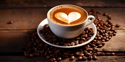 Cup of coffee latte with heart-shaped, Coffee Beans on an Old Wooden Background, A latte art with heart shaped latte art