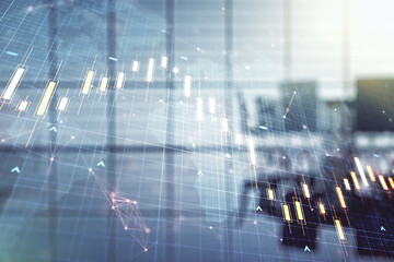 Multi exposure of virtual abstract financial chart hologram and world map on a modern meeting room background, research and analytics concept