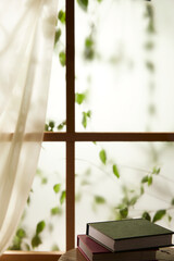 A window view of green leaves in the afternoon
sunlight.