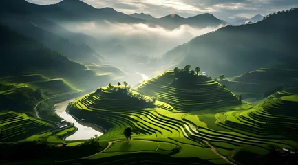Poster Terraced rice fields enter harvest season in China, aerial view © shustrilka