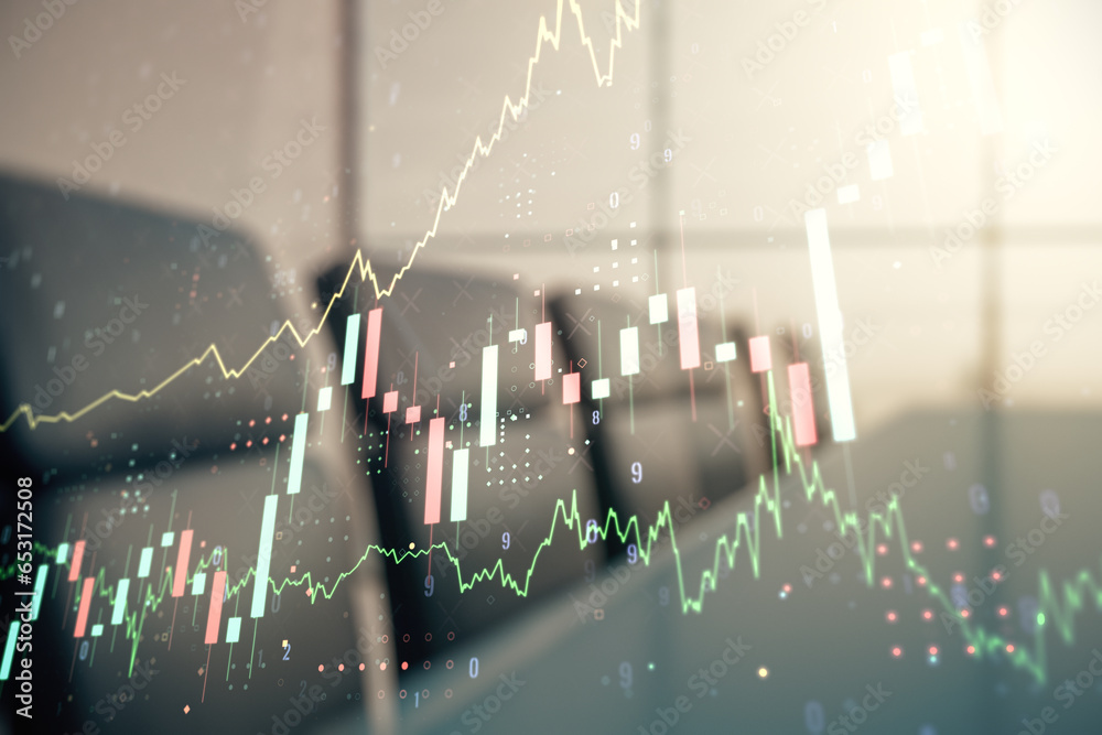 Poster multi exposure of virtual abstract financial graph interface on a modern coworking room background, 
