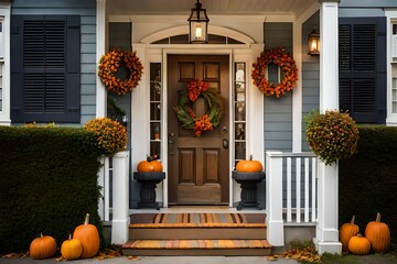 all autumn wreath on brown front door and autumn decor on front door steps