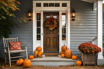 all autumn wreath on brown front door and autumn decor on front door steps