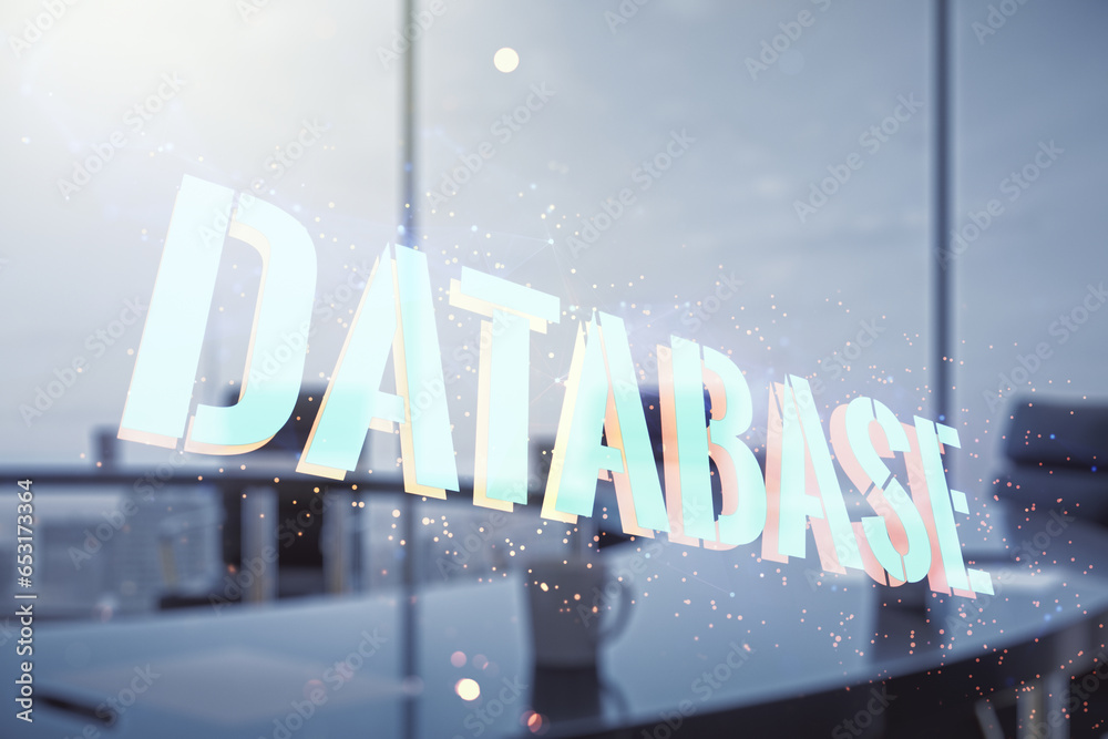 Poster double exposure of creative database word hologram on a modern meeting room background, research and