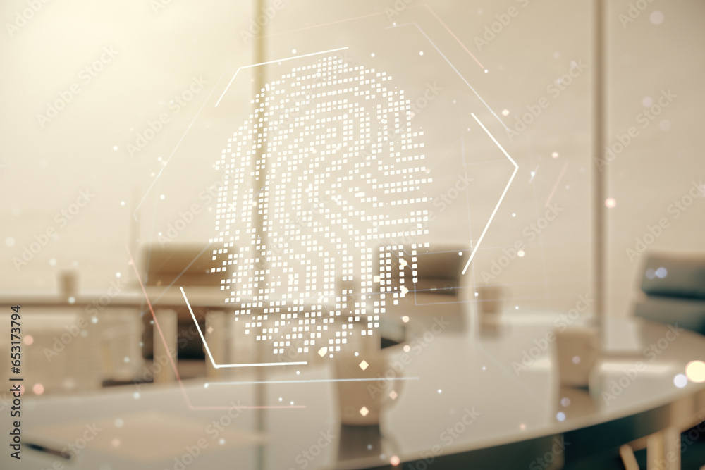 Poster Multi exposure of virtual graphic fingerprint sketch on a modern furnished classroom background, fingerprint scan data concept