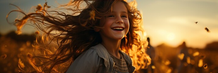 leisure freedom smiling happiness girl running carefree in meadow grass field in sunset summertime...