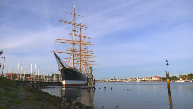 the old sailing ship Passat lies in the harbor of Luebeck-Travemuende 