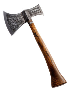 Old rusty axe with old wood isolated.