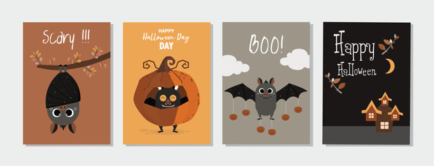 Set of happy halloween animal greeting card.Characters  for Halloween in cartoon costumes style,cute animal,Vector illustrations. - 653174993