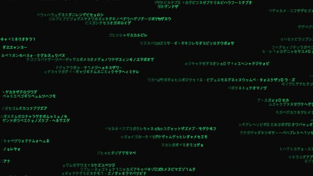 Matrix background. Right to left code on dark backdrop. Running random Japanese. Abstract data concept. Futuristic cyberspace. Data code, encryption and encoding