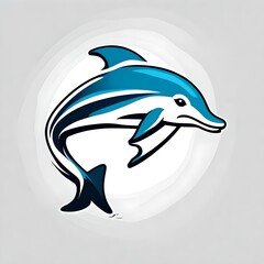 A logo for a business or sports team featuring a stylized cute blue dolphin swimming jumping playing in the ocean that is suitable for a t-shirt graphic.