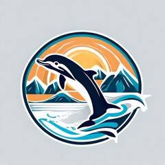 A logo for a business or sports team featuring a stylized cute blue dolphin swimming jumping playing in the ocean that is suitable for a t-shirt graphic.