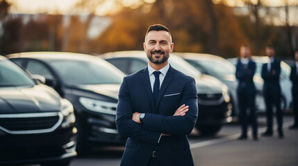 A group of business professionals posing together in front of their corporate fleet, Business car, blurred background, with copy space - obrazy, fototapety, plakaty