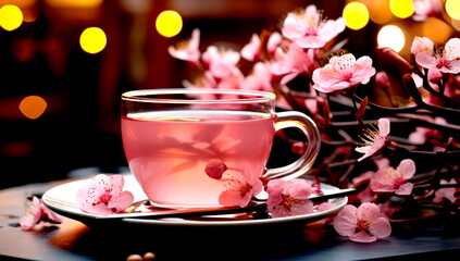 Naklejka na ściany i meble Cup of pink hot herbal tea on table with pink flowers,