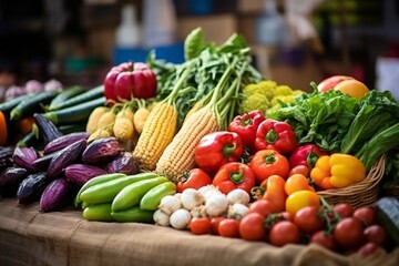 Vegetables, fruits and grains from the field and garden are available in abundance in the market place, with empty copy space Generative AI