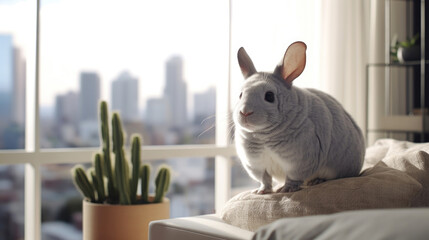 Charming chinchilla in sleek apartment, exemplary pet care.