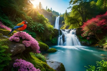 beautiful bird sitting near waterfall in the forest at sunrise