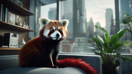 A red panda in a contemporary home, symbolizing the beauty of cohabiting with a unique creature.