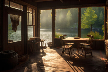 Fototapeta premium In a tranquil lakeside cabin, morning light painted a masterpiece on the water's surface, while the aroma of coffee filled the air, welcoming a new day's serenity.