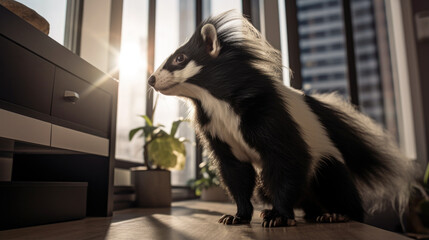 Skunk in chic apartment, showcasing pet care - obrazy, fototapety, plakaty