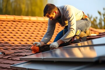 Solar power engineer installing solar panels on the roof. alternative renewable green energy generation concept. generative ai
