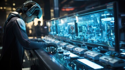 Half-robot human working in the factory.