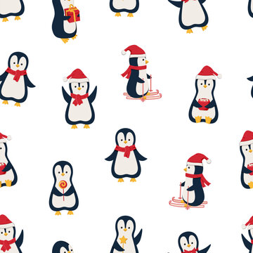 Seamless Pattern Penguins set funny, cartoon cute characters celebrating New Year and Christmas. Vector background illustration of the concept of winter holidays.