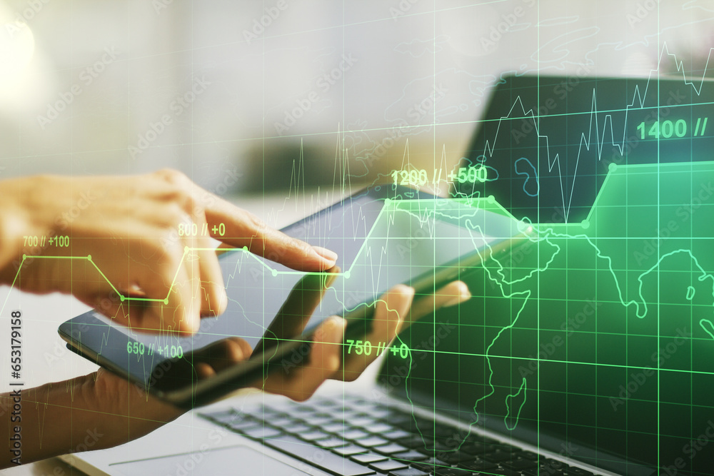 Poster Double exposure of abstract creative statistics data hologram with finger clicks on a digital tablet on background, analytics and forecasting concept
