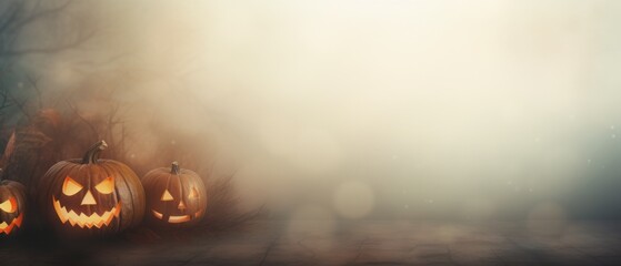 Happy Halloween holiday spooky scary background with decoration pumpkins and bats, Haloween event invitation poster card backdrop, trick or treat witch fall party. Copy empty space.