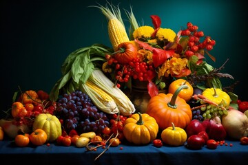 Vivid Thanksgiving Artist Fruits and Veggies with Flair, with empty copy space Generative AI