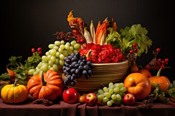 Vivid Thanksgiving Artist Fruits and Veggies with Flair, with empty copy space Generative AI