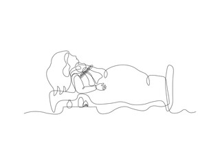 girl is sick, lies with a fever and sore throat, a cold and flu. One continuous line art