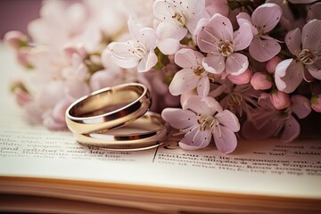 Stylish rings, flowers on wooden table background. Letters from the bride and groom