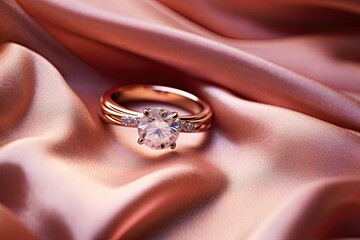 The wedding diamond ring is placed on a pink gold cloth