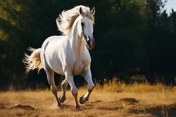 Obraz na płótnie Canvas A powerful white coated horse in full sprint across the field