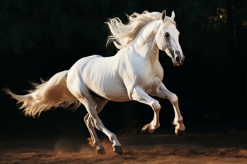A white coated stallion in full stride, a vision of elegance