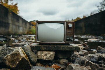 Classic TV placed on a stone surface, evoking a bygone era