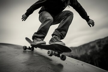 Fototapeta na wymiar Grayscale image portrays a poised skateboarder in a stylish urban setting