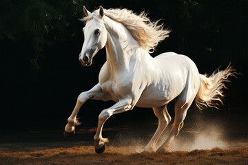 Obraz na płótnie Canvas Graceful and free, a white coated horse runs with unparalleled beauty