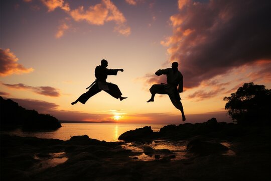 Karate practitioners showcase their skills amid a picturesque sunset backdrop