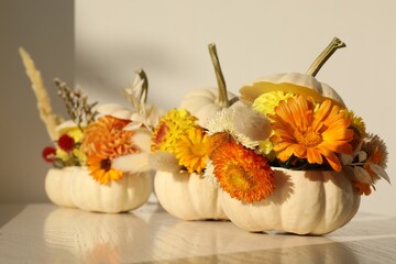 Small pumpkins with beautiful flowers and spikelets on white wooden table, closeup