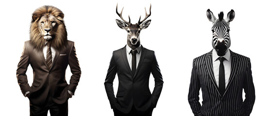 Set of creative animal head in business suit and standing posing, Lion, deer, zebra, Contemporary art idea concept design, isolated on white and transparent background, ai generate - Powered by Adobe