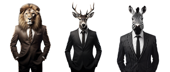 Set of creative animal head in business suit and standing posing, Lion, deer, zebra, Contemporary art idea concept design, isolated on white and transparent background, ai generate