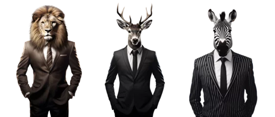 Fotobehang Set of creative animal head in business suit and standing posing, Lion, deer, zebra, Contemporary art idea concept design, isolated on white and transparent background, ai generate © Black Pig