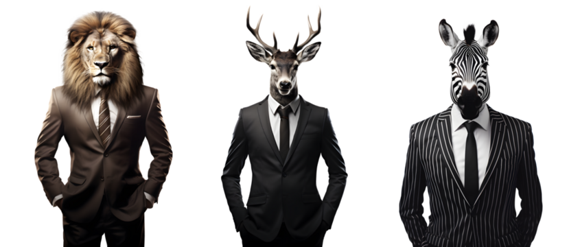 Set of creative animal head in business suit and standing posing, Lion, deer, zebra, Contemporary art idea concept design, isolated on white and transparent background, ai generate