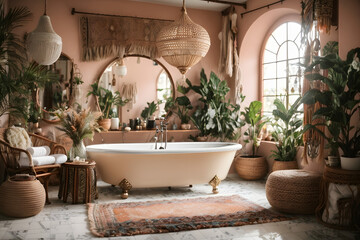 Fototapeta na wymiar Boho serenity in your bathroom with decor that radiates Bohemian elegance, natural serenity, and a touch of wanderlust. Generative ai.