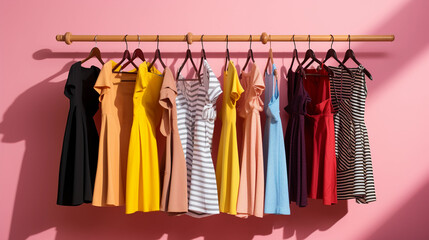 Female dresses hanging on rack in a fashion store with pink background
