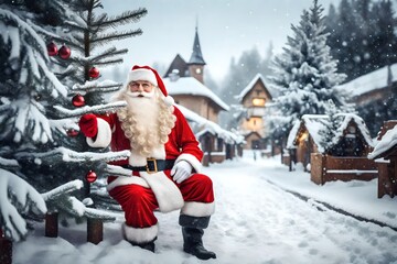 Smiling Santa Claus with Christmas tree in a charming village square covered in fresh snow