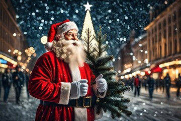 Smiling Santa Claus with Christmas tree in a charming village square covered in fresh snow